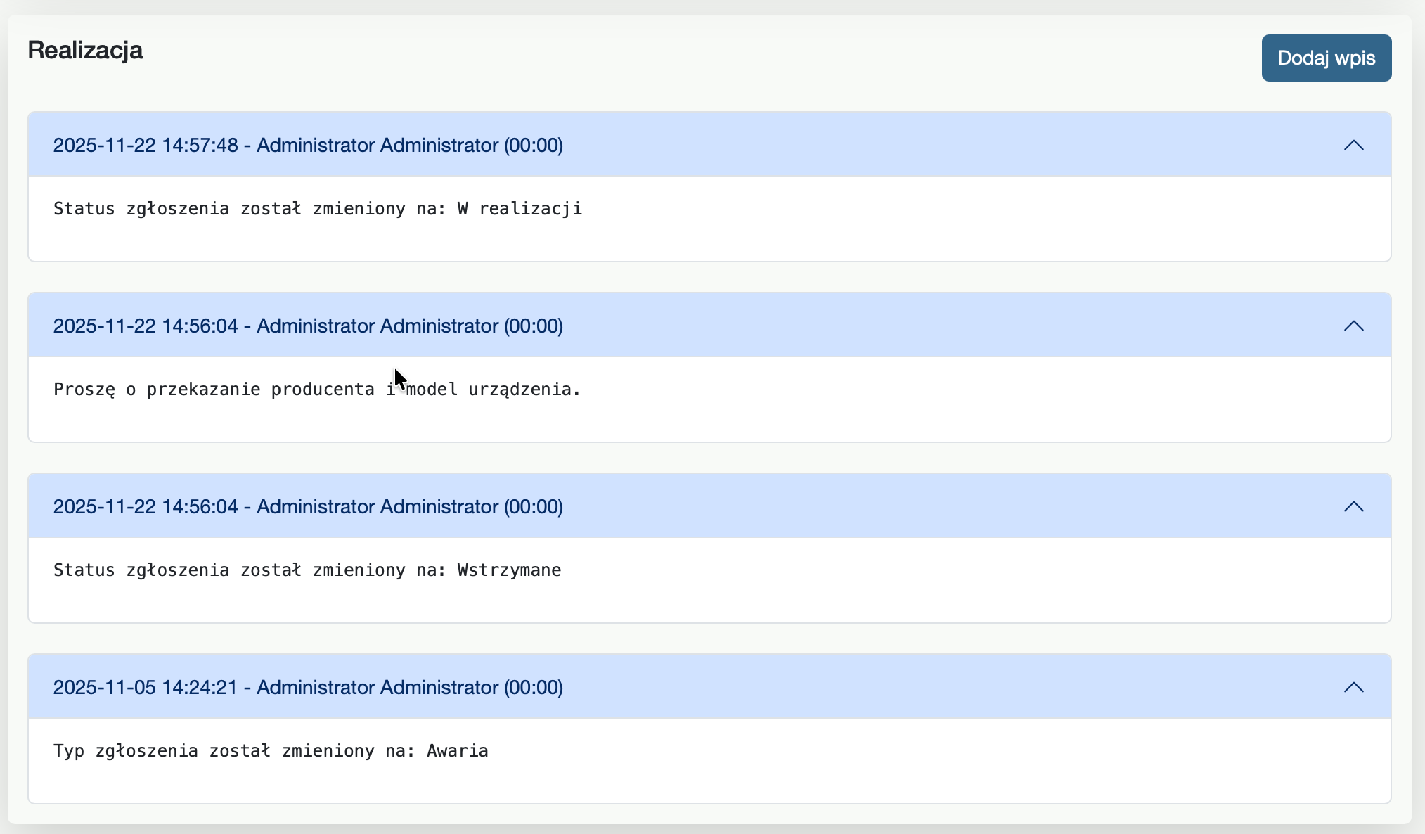 Historia realizacji zgłoszenia w fsDesk Pro