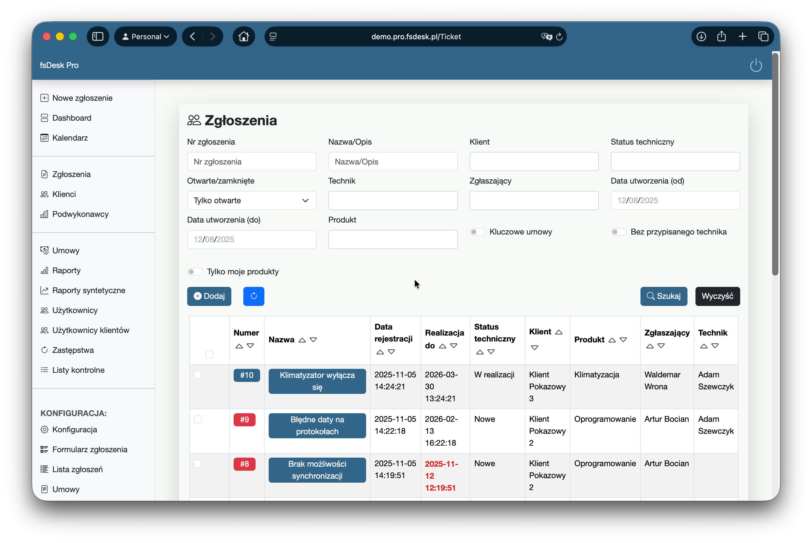 Lista zgłoszeń w fsDesk Pro